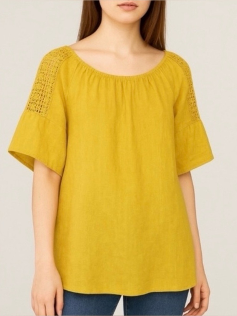 Terzo Millennio Italian Linen Top S/S Crochet Inserts Mustard Yellow LARGE